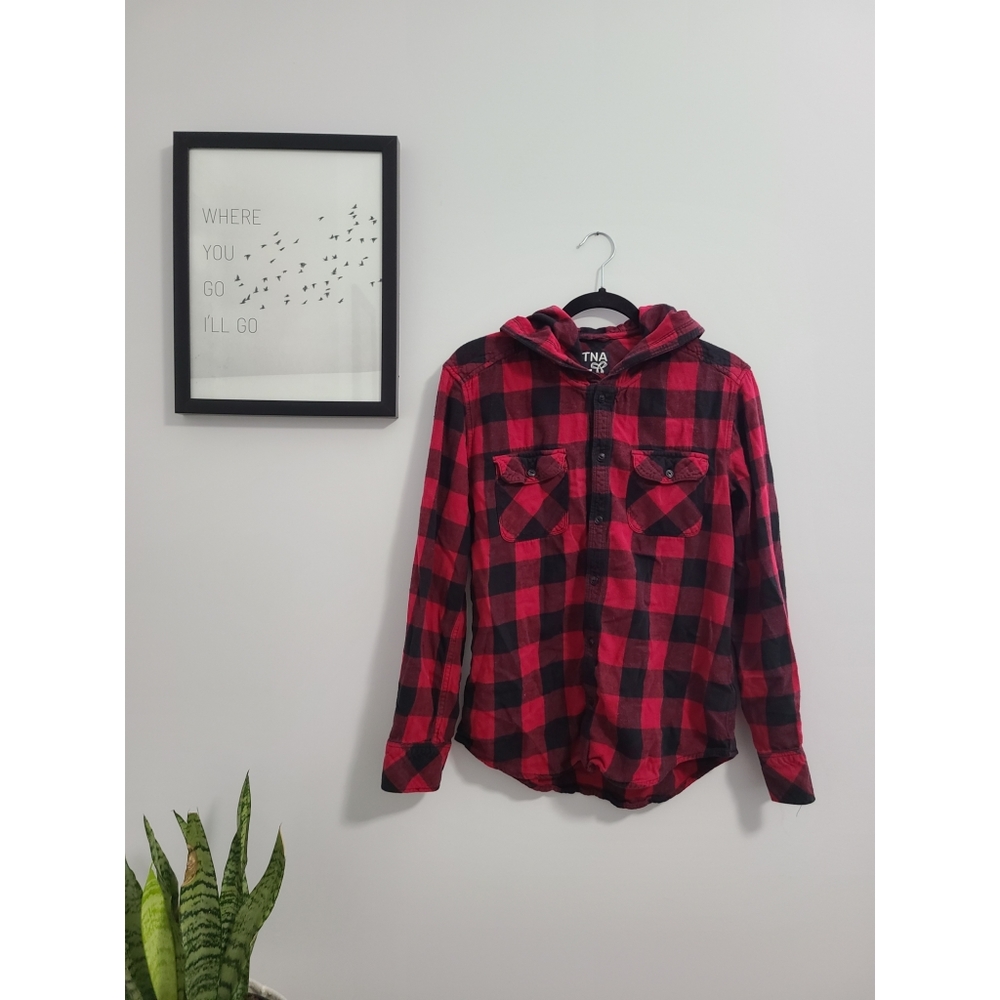 TNA Buffalo Plaid Flannel Buttoned Up Hooded Shirt